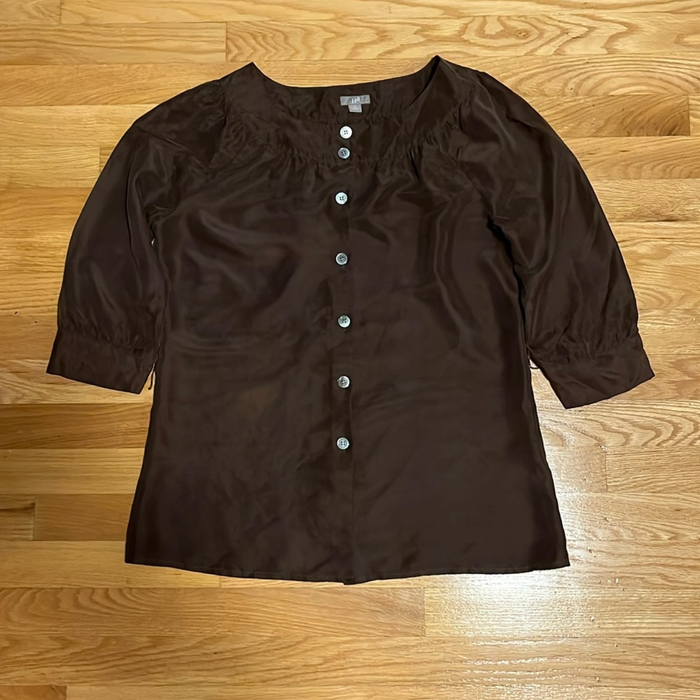 J Jill 100% silk brown button front short sleeve blouse size small